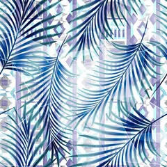 Foto op Plexiglas Naadloze tropische patroon. Blauwe palmbladeren op een decoratieve achtergrond. © brusnika9