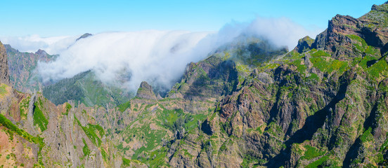 View of mountains on the route Pico Areeiro - Pico Ruivo, Madeira Island, Portugal, Europe.