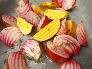 Yellow and red beets prepared for baking