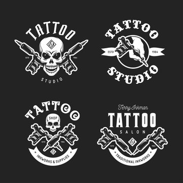 Tattoo studio emblems set. Vector vintage illustration.