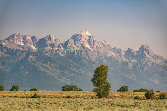 The Teton mountain range in Wyoming, viewed across an empty field.