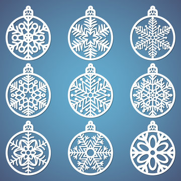 Christmas Balls Set With A Snowflake Cut Out Of Paper. Templates For Laser Cutting, Plotter Cutting Or Printing. Festive Background.