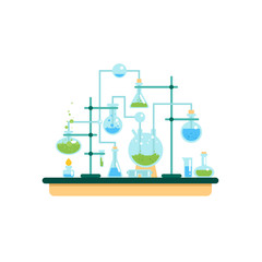 Chemist laboratory workspace. Science equipment. Flat design vector illustration on white background.