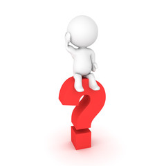 3D Character sitting on a question mark and scratching his head