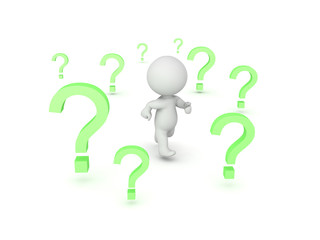 3D Character running through question marks