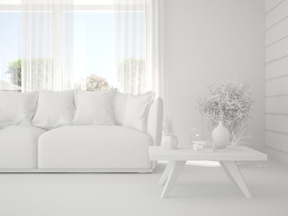 White room with sofa. Scandinavian interior design. 3D illustration