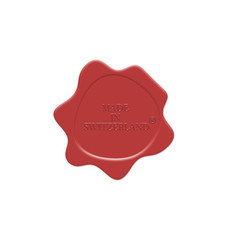 Red wax stamp written in Made in Switzerland