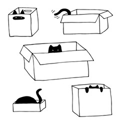 Cute cats in boxes - vector hand drawn illustration set