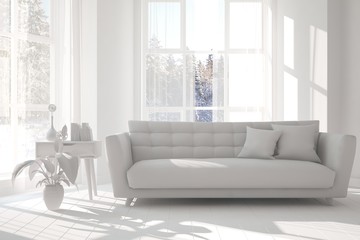 Idea of white room with sofa. Scandinavian interior design. 3D illustration