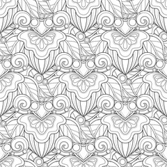 Monochrome Seamless Pattern with Floral Motifs. Endless Texture with Flowers, Leaves etc. Natural Background in Doodle Line Style. Coloring Book Page. Vector Contour Illustration. Abstract Art