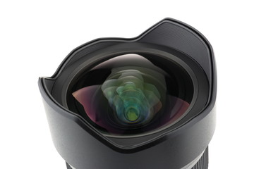 Photo camera lens front view over white background