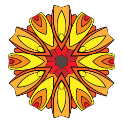 The colored mandala. Symmetrical pattern in a circle. The template for printing on fabric. Picture for meditation and relaxation. Octagonal graphic outlet. Stylization of sunflower.