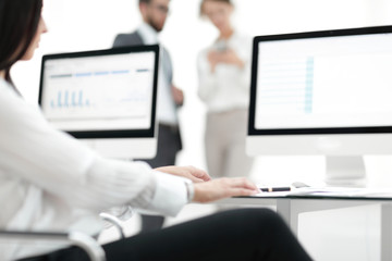 close-up of a work desk in a modern office. business concept.