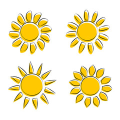 Four Different Sun Icons on White Background Vector Illustration
