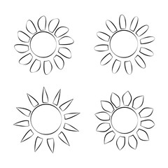 Four Different Black Silhouette Icons of Sun on White Background Vector Illustration
