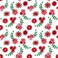 Seamless pattern with red and pink flowers and twigs on a white background, vector