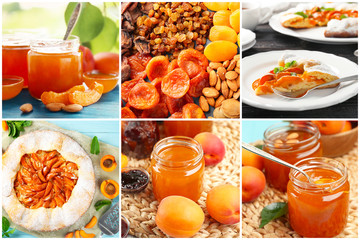 Collage with different ideas of using apricots in culinary