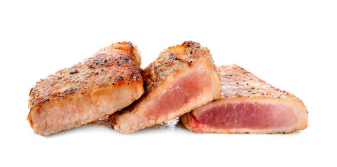 Different degrees of meat doneness on white background