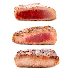 Different degrees of meat doneness on white background
