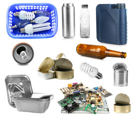 Different kinds of garbage on white background. Concept of recycling
