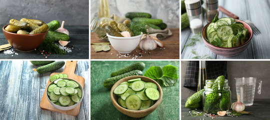 Collage with fresh and marinated cucumbers