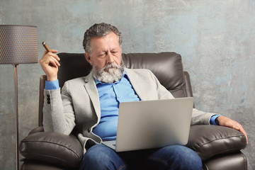 Handsome elderly man sitting in armchair with laptop