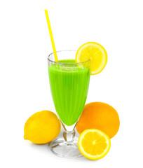 Glass of green healthy juice with fruits on white background