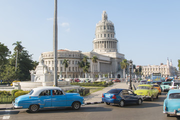 Classic car with the Capitolio on the background in Havana, Cuba