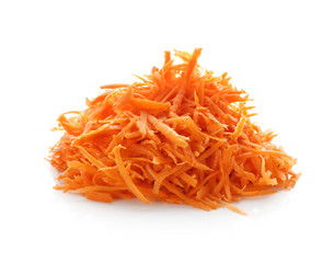 Heap of grated carrot on white background