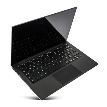 Hovering black laptop with black screen