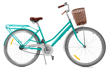 Stylish bicycle with basket on white background