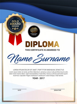 Vector vertical diploma template with luxury line pattern and gold award emblem, International standard certificate. Vector illustration