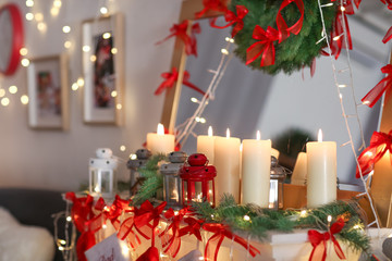 Fireplace with beautiful Christmas decorations at home