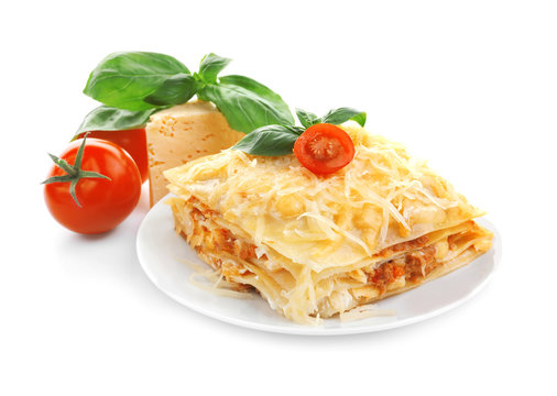 Portion of tasty lasagna, isolated on white