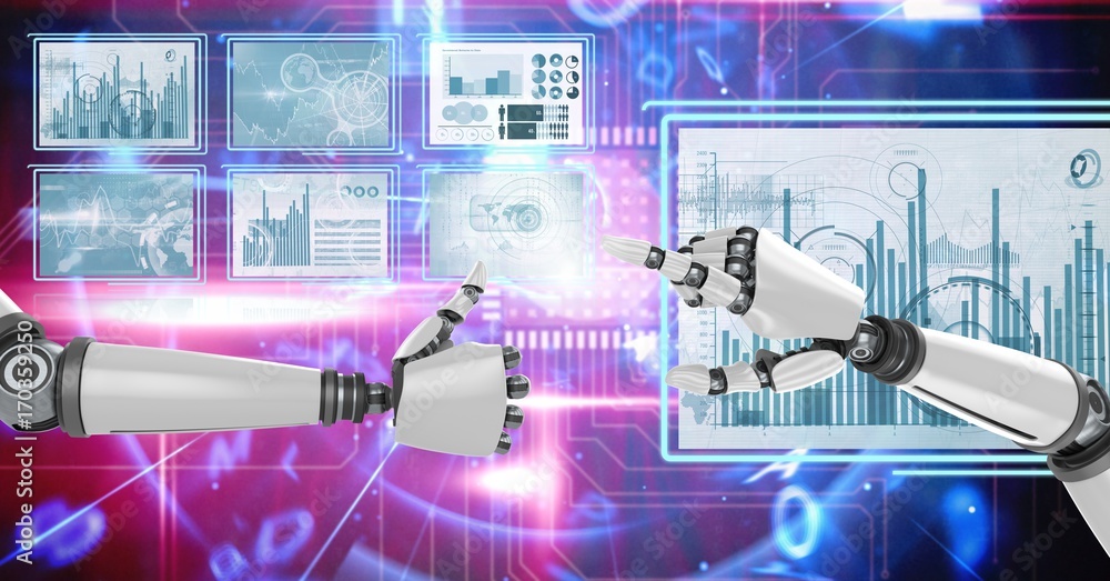 Poster robot hands interacting with technology interface panels