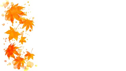 Obraz premium Border of colorful orange and red autumn maple leaves and abstract wet watercolor paint blots on copy space white background. May be used for vertical or horizontal design.
