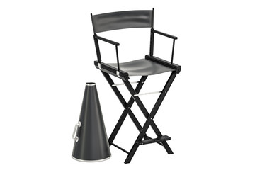 Obraz premium Cinematography concept, chair with megaphone. 3D rendering