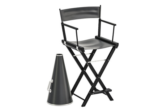 Cinematography concept, chair with megaphone. 3D rendering