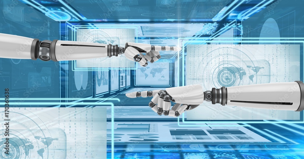 Poster robot hands interacting with technology interface panels
