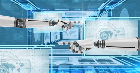 Robot hands interacting with technology interface panels