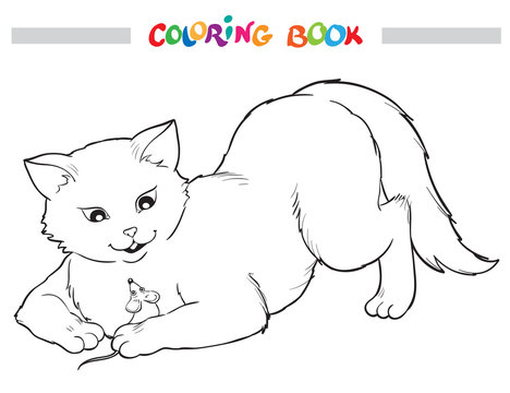 Coloring Book with Cat and mouse. Vector outline illustrstion.