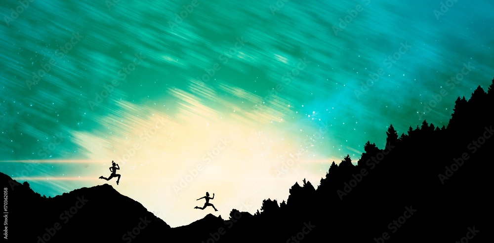 Poster composite image of fit brunette running and jumping