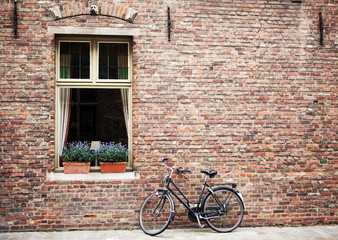 Fototapeta na wymiar Bicycle parked outside shuttered windows