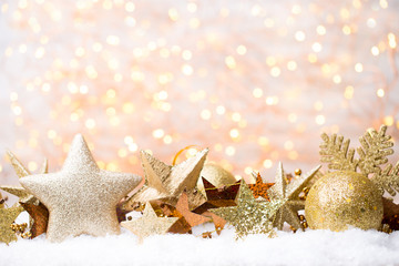 Christmas greeting card with christmas gold decorations.