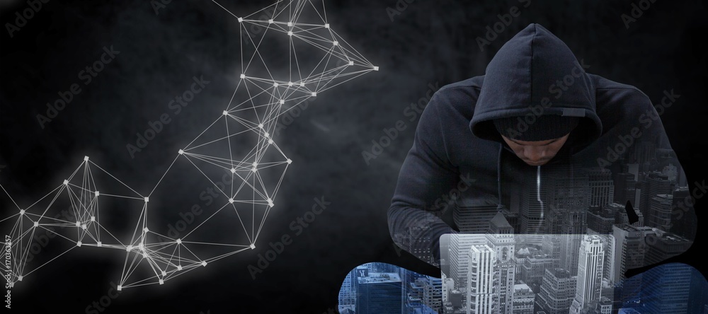 Aufkleber composite image of male hacker using laptop while sitting