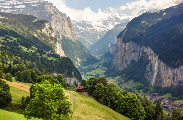 Naklejka premium Stunning Lauterbrunnen valley rural view, bird eye view from Murren, Lauterbrunnen, Bernese Oberland, Switzerland, Europe.