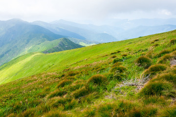 Travel, trekking, nature. Majestic, high green mountains. Horizontal frame