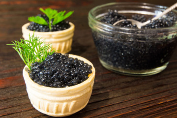 Fresh caviar for snacks and alcohol. Russian appetizer.