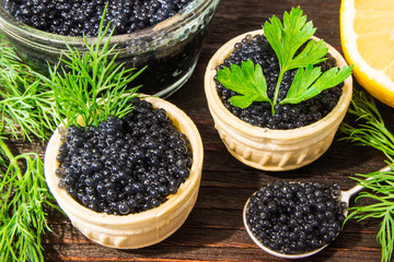 Fresh caviar for snacks and alcohol. Russian appetizer.