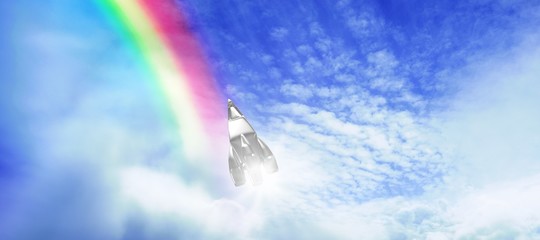 Composite image of silver colored rocket toy against white